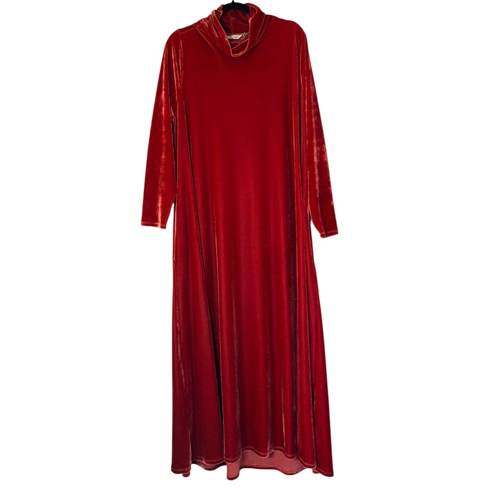 Soft Surroundings Velvet Maxi Dress Womens 1X Red Dahlia Cowl Turtleneck Pockets